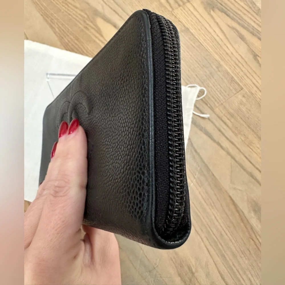CHANEL Black Caviar Leather Zip Long Wallet